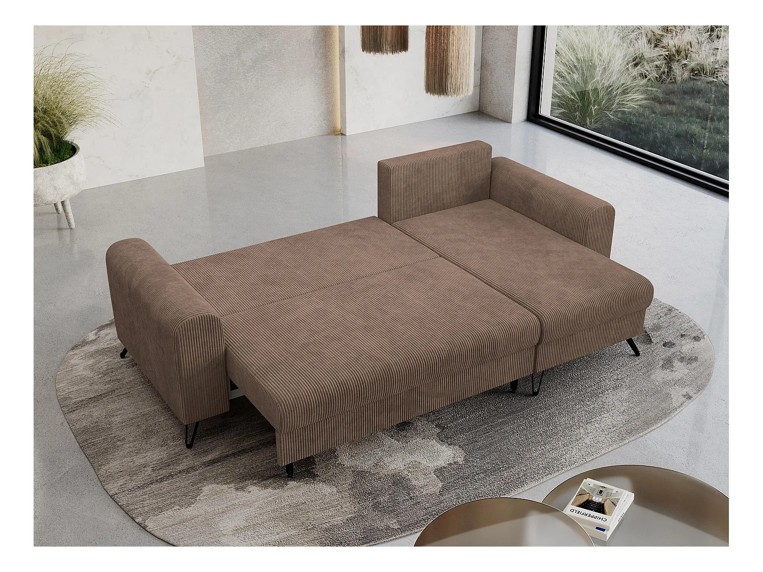 Ecksofa HUGO - L-Form mit Schlaffunktion, lose Kissen - Hellbraun Cord