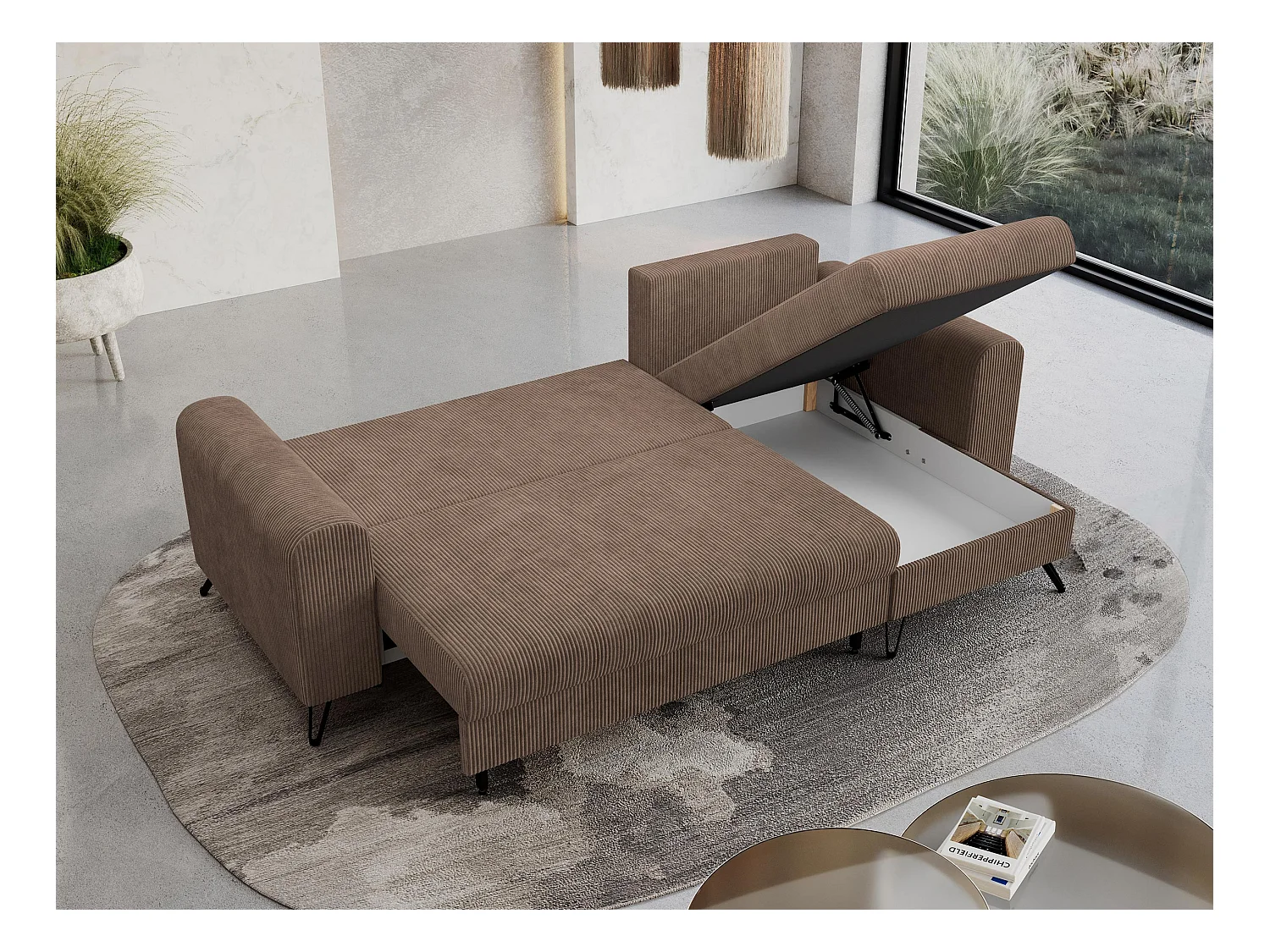 Ecksofa HUGO - L-Form mit Schlaffunktion, lose Kissen - Hellbraun Cord