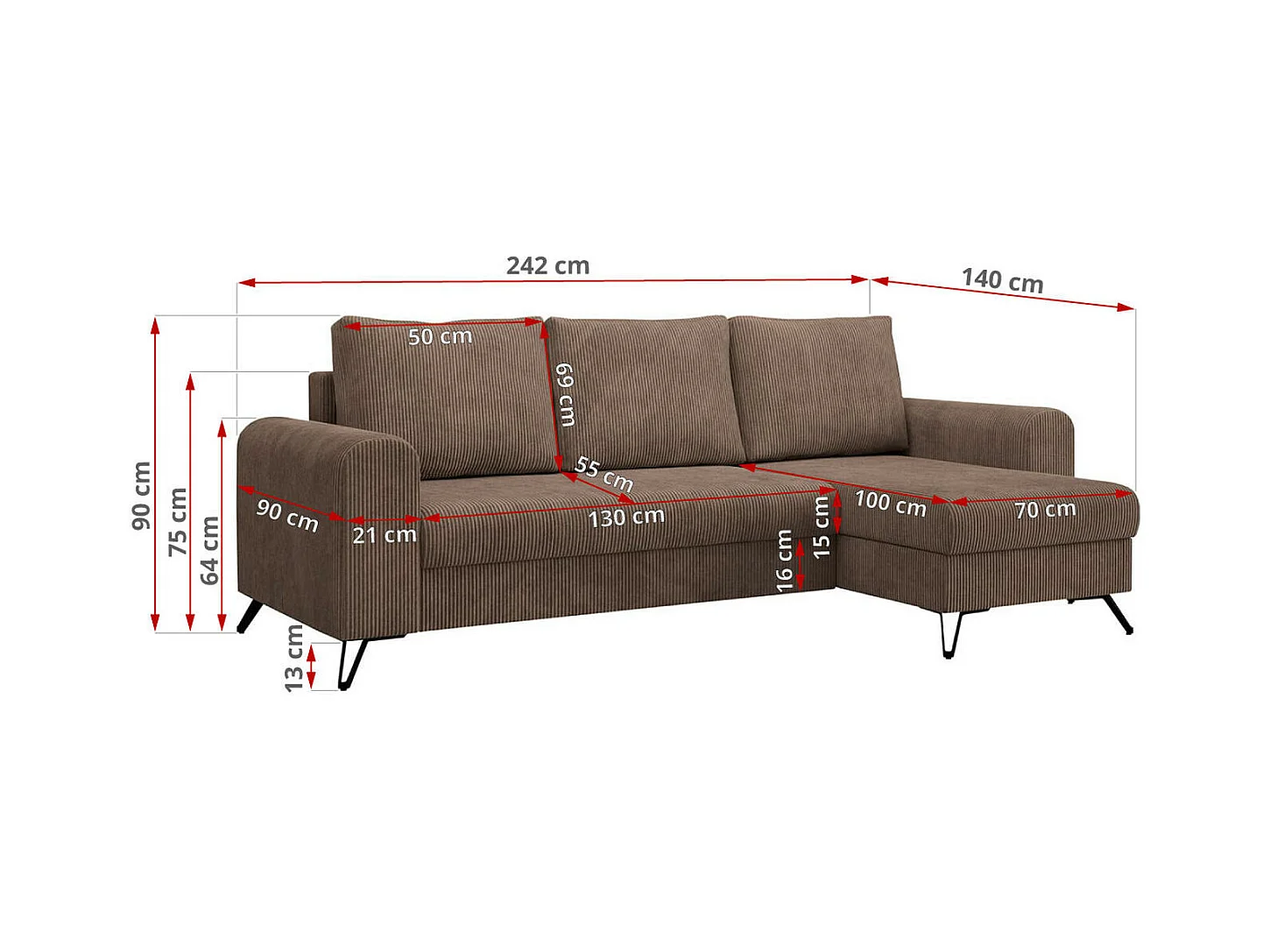 Ecksofa HUGO - L-Form mit Schlaffunktion, lose Kissen - Hellbraun Cord