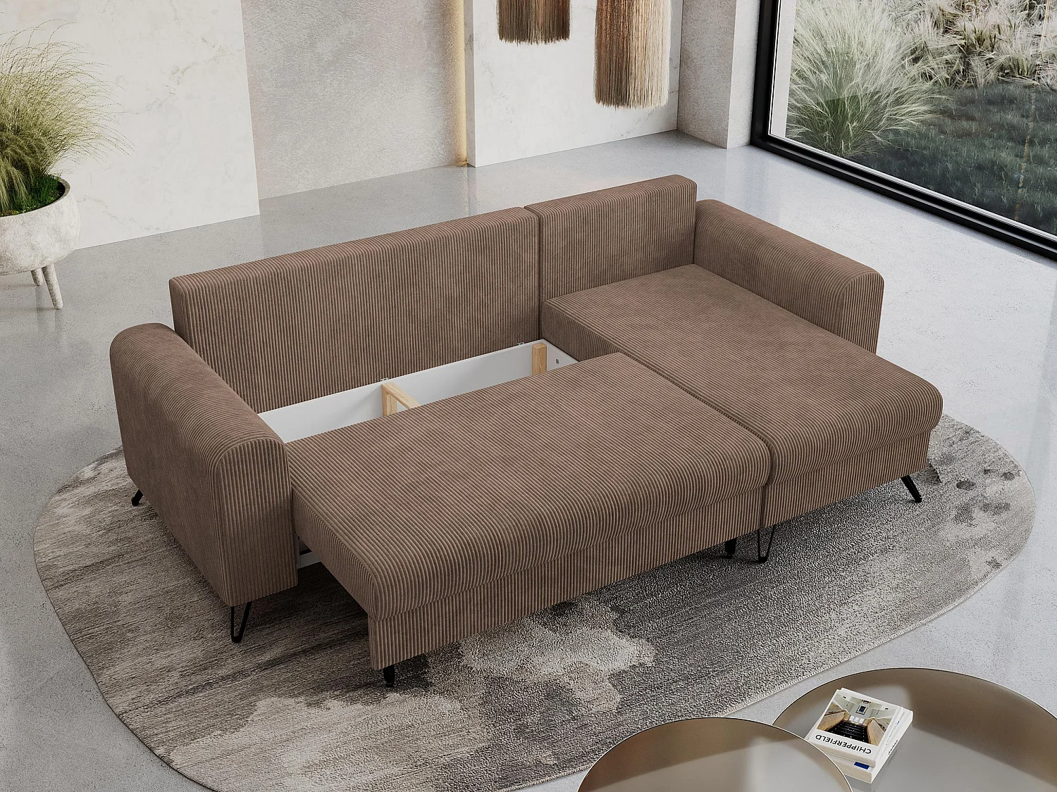 Ecksofa HUGO - L-Form mit Schlaffunktion, lose Kissen - Hellbraun Cord
