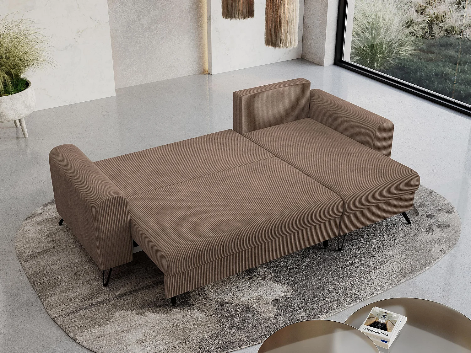 Ecksofa HUGO - L-Form mit Schlaffunktion, lose Kissen - Hellbraun Cord