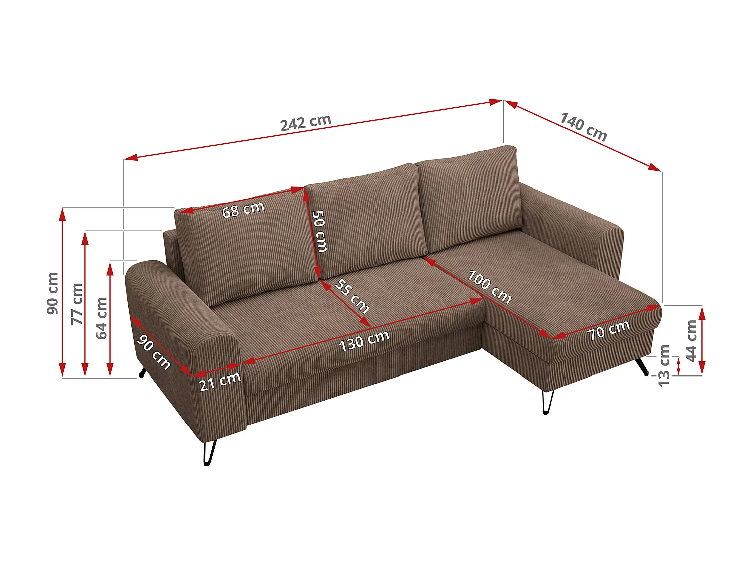 Ecksofa HUGO - L-Form mit Schlaffunktion, lose Kissen - Hellbraun Cord