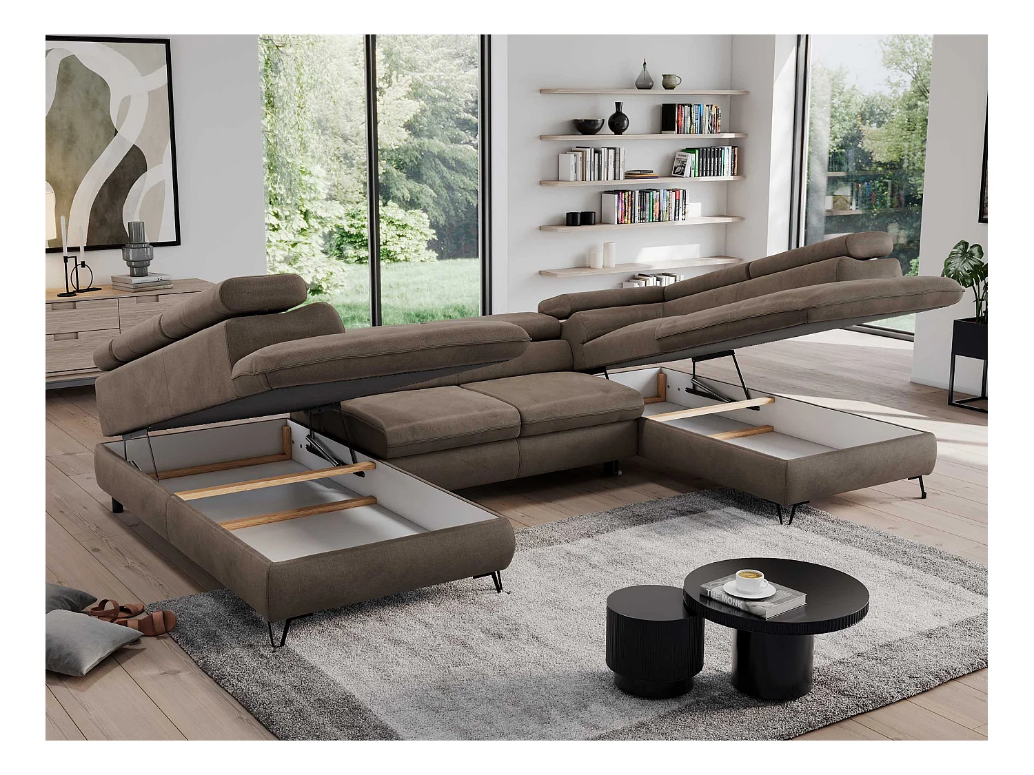 Ecksofa PEDRO U - XXL U-förmige Ecke, schlaffunktion und Bettkästen - Braun Velvet