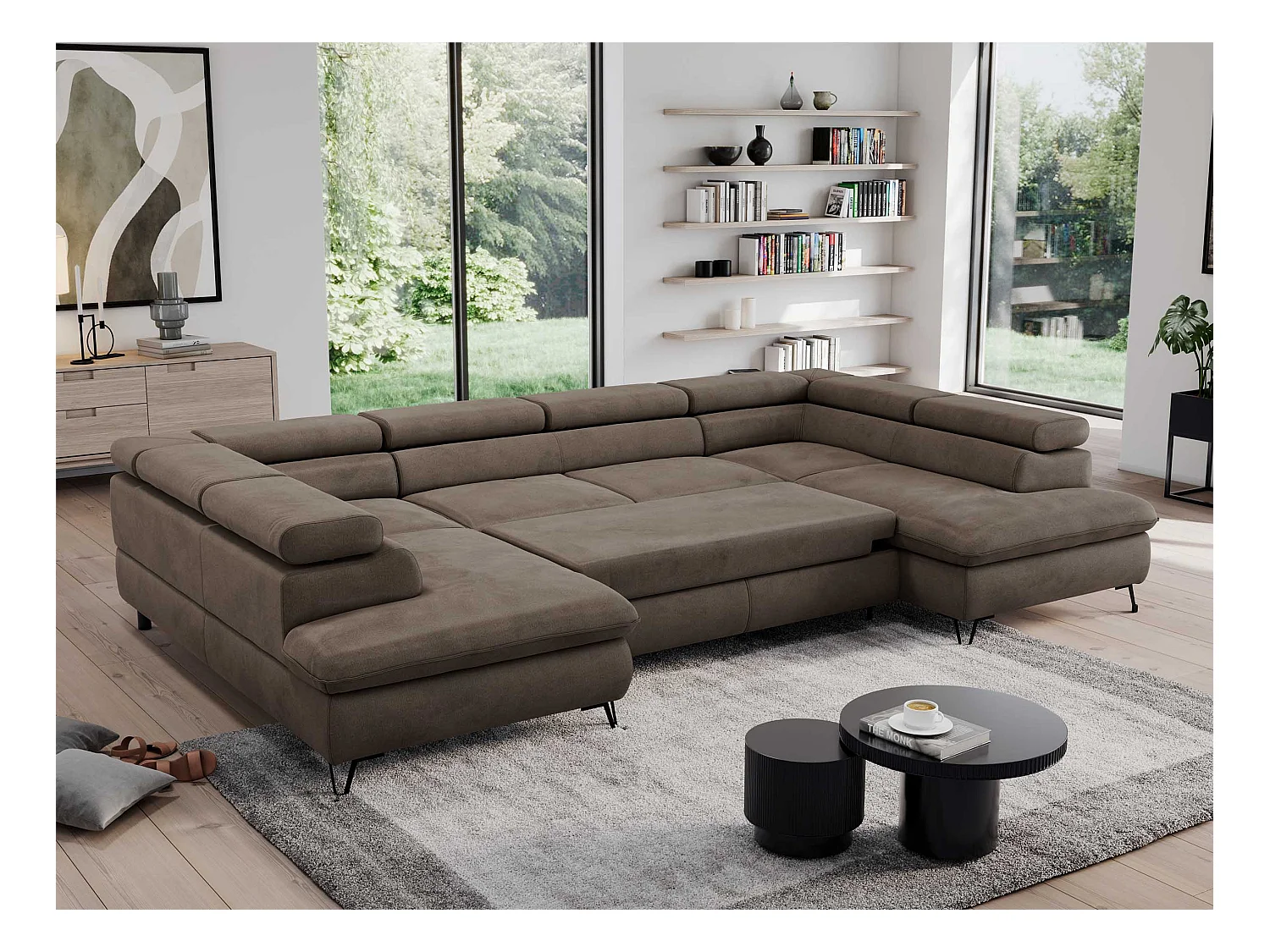 Ecksofa PEDRO U - XXL U-förmige Ecke, schlaffunktion und Bettkästen - Braun Velvet
