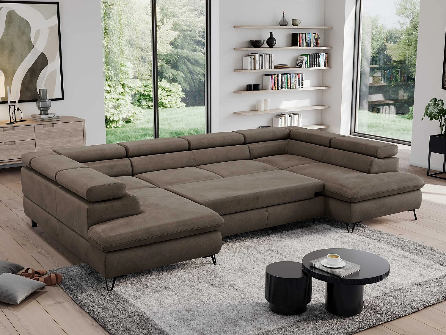 Ecksofa PEDRO U - XXL U-förmige Ecke, schlaffunktion und Bettkästen - Braun Velvet