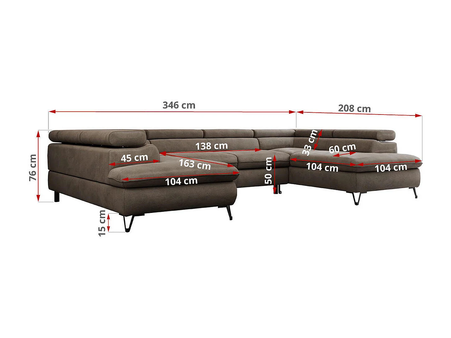 Ecksofa PEDRO U - XXL U-förmige Ecke, schlaffunktion und Bettkästen - Braun Velvet