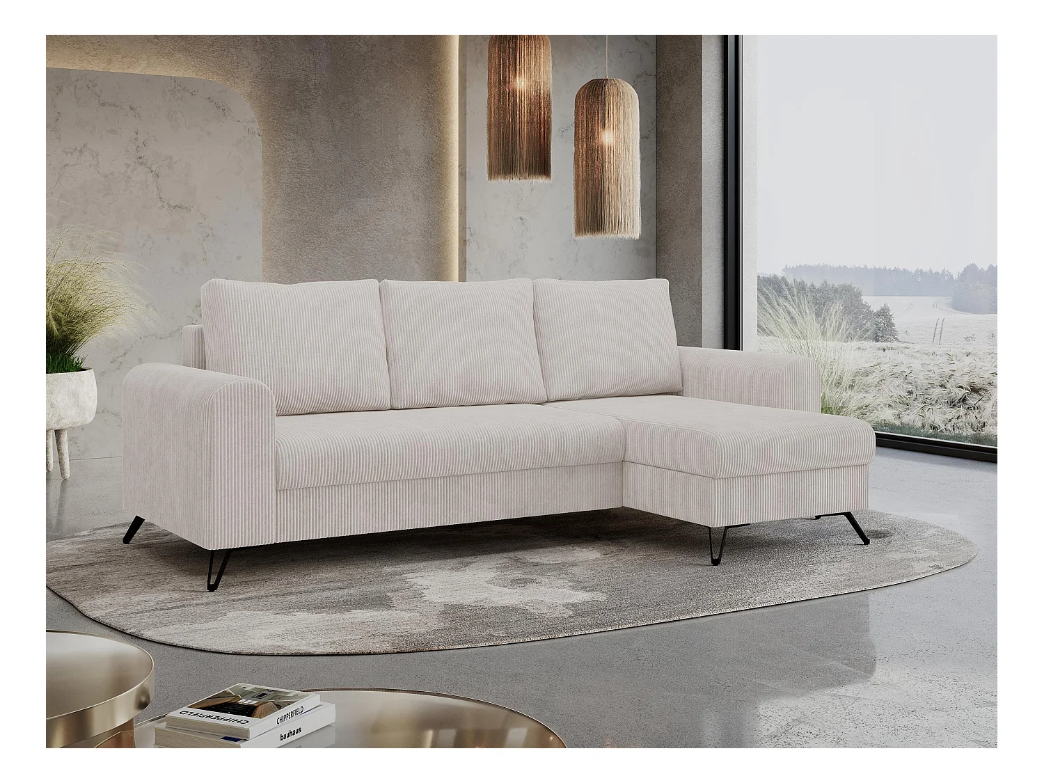 Ecksofa HUGO - L-Form mit Schlaffunktion, lose Kissen - Weiß Cord