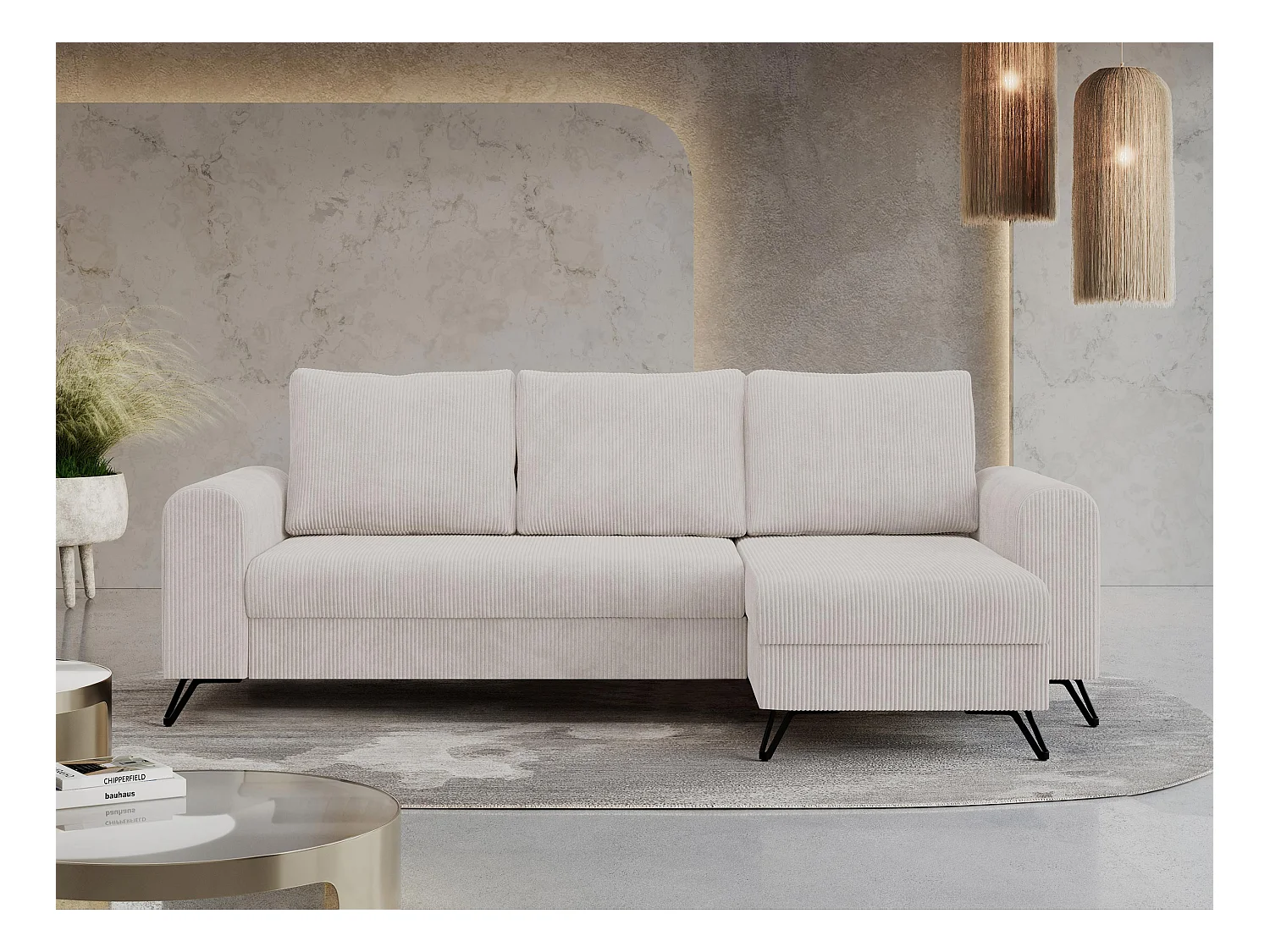 Ecksofa HUGO - L-Form mit Schlaffunktion, lose Kissen - Weiß Cord