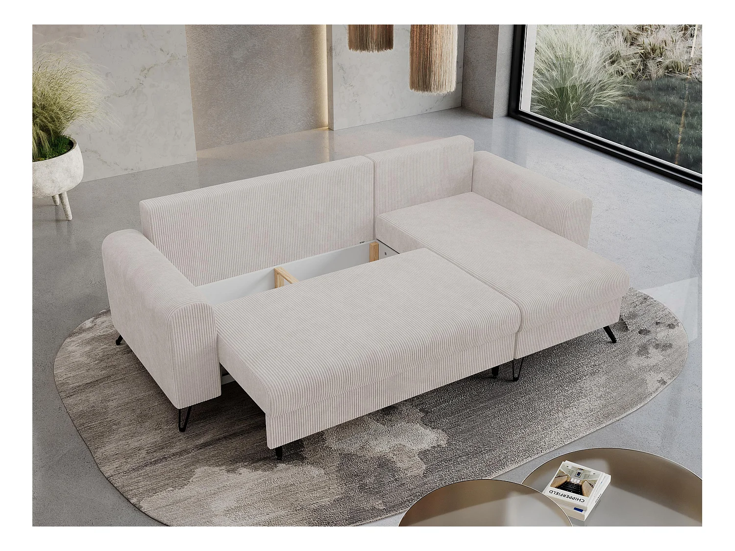 Ecksofa HUGO - L-Form mit Schlaffunktion, lose Kissen - Weiß Cord