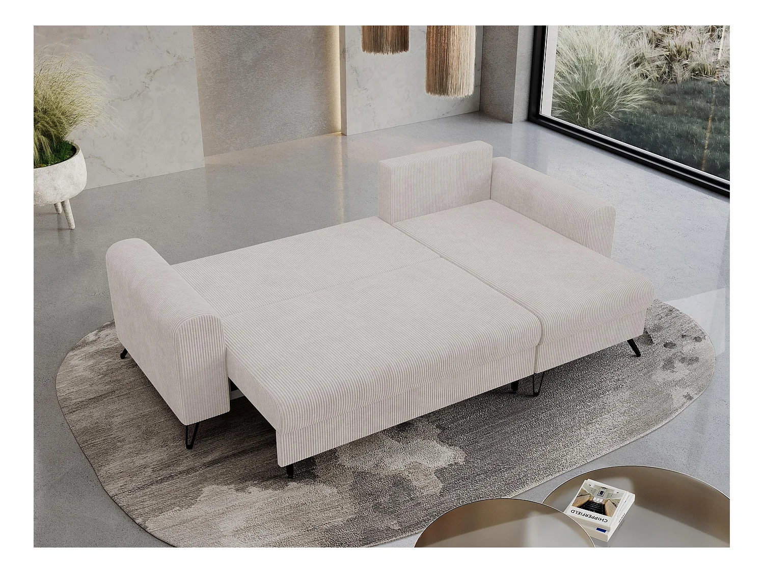 Ecksofa HUGO - L-Form mit Schlaffunktion, lose Kissen - Weiß Cord