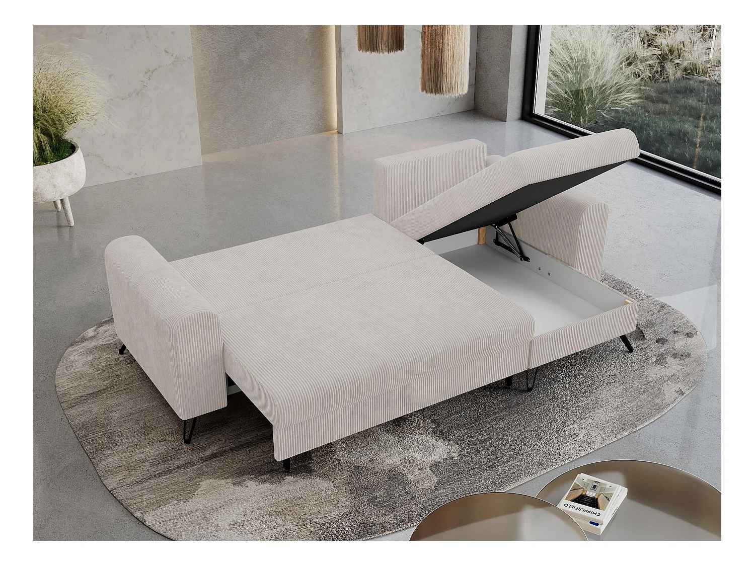 Ecksofa HUGO - L-Form mit Schlaffunktion, lose Kissen - Weiß Cord