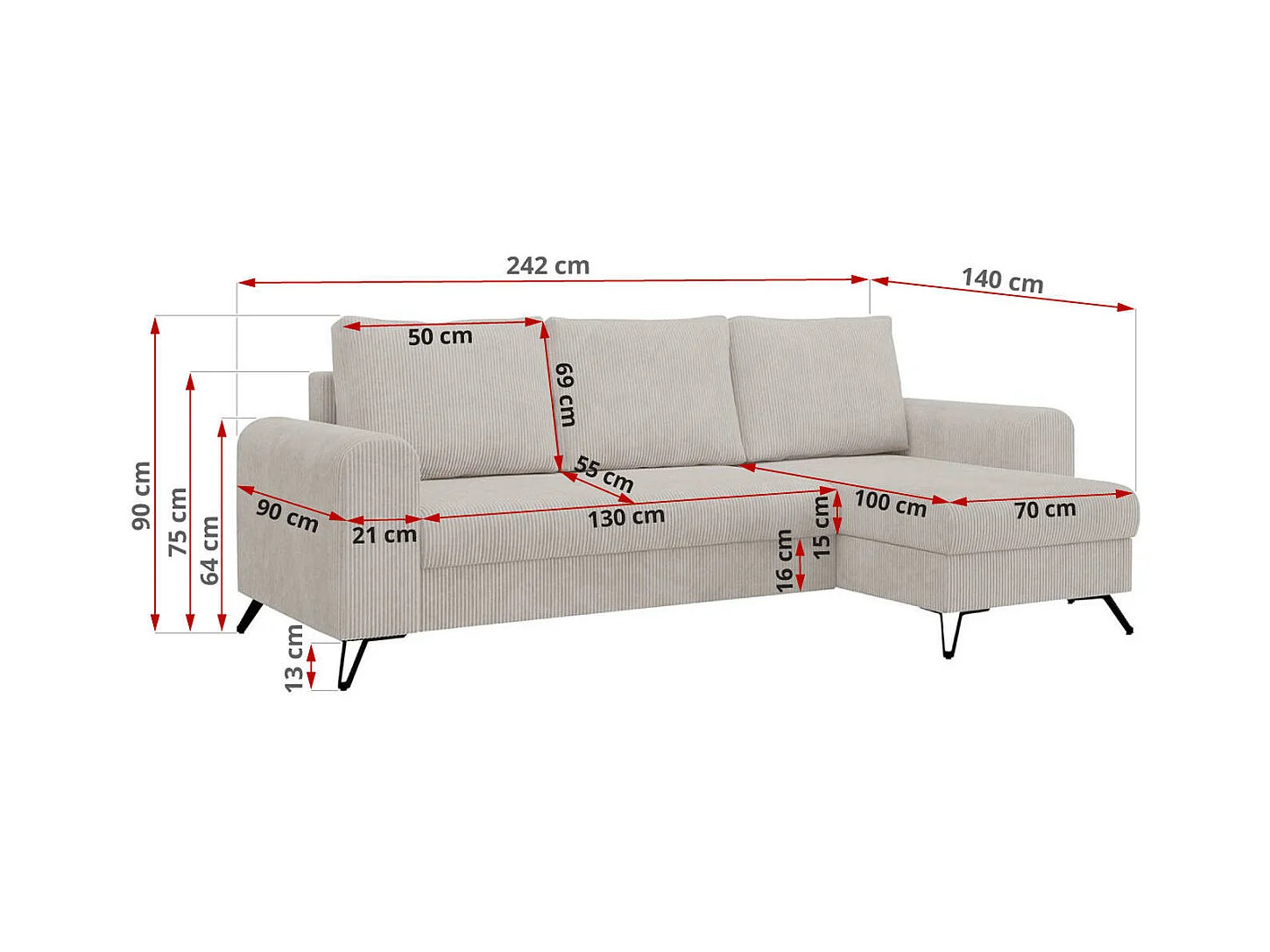 Ecksofa HUGO - L-Form mit Schlaffunktion, lose Kissen - Weiß Cord