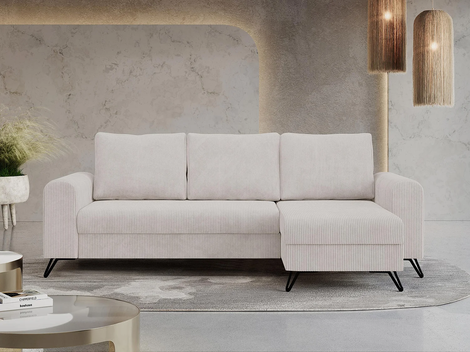 Ecksofa HUGO - L-Form mit Schlaffunktion, lose Kissen - Weiß Cord