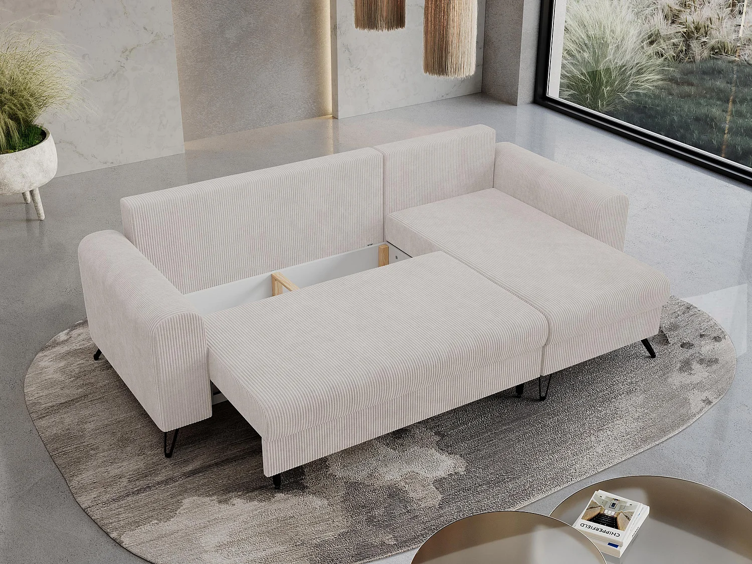 Ecksofa HUGO - L-Form mit Schlaffunktion, lose Kissen - Weiß Cord