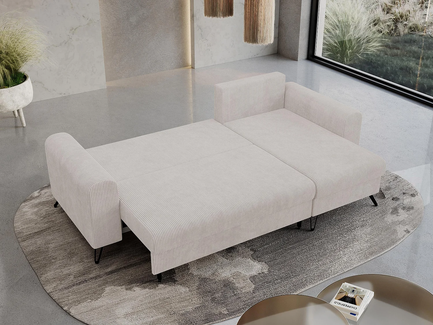 Ecksofa HUGO - L-Form mit Schlaffunktion, lose Kissen - Weiß Cord