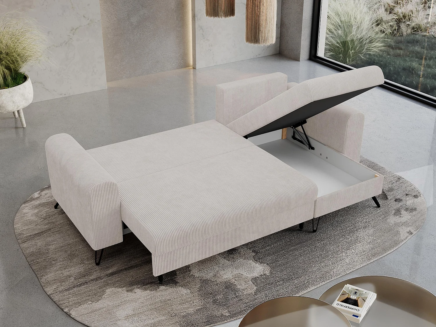 Ecksofa HUGO - L-Form mit Schlaffunktion, lose Kissen - Weiß Cord