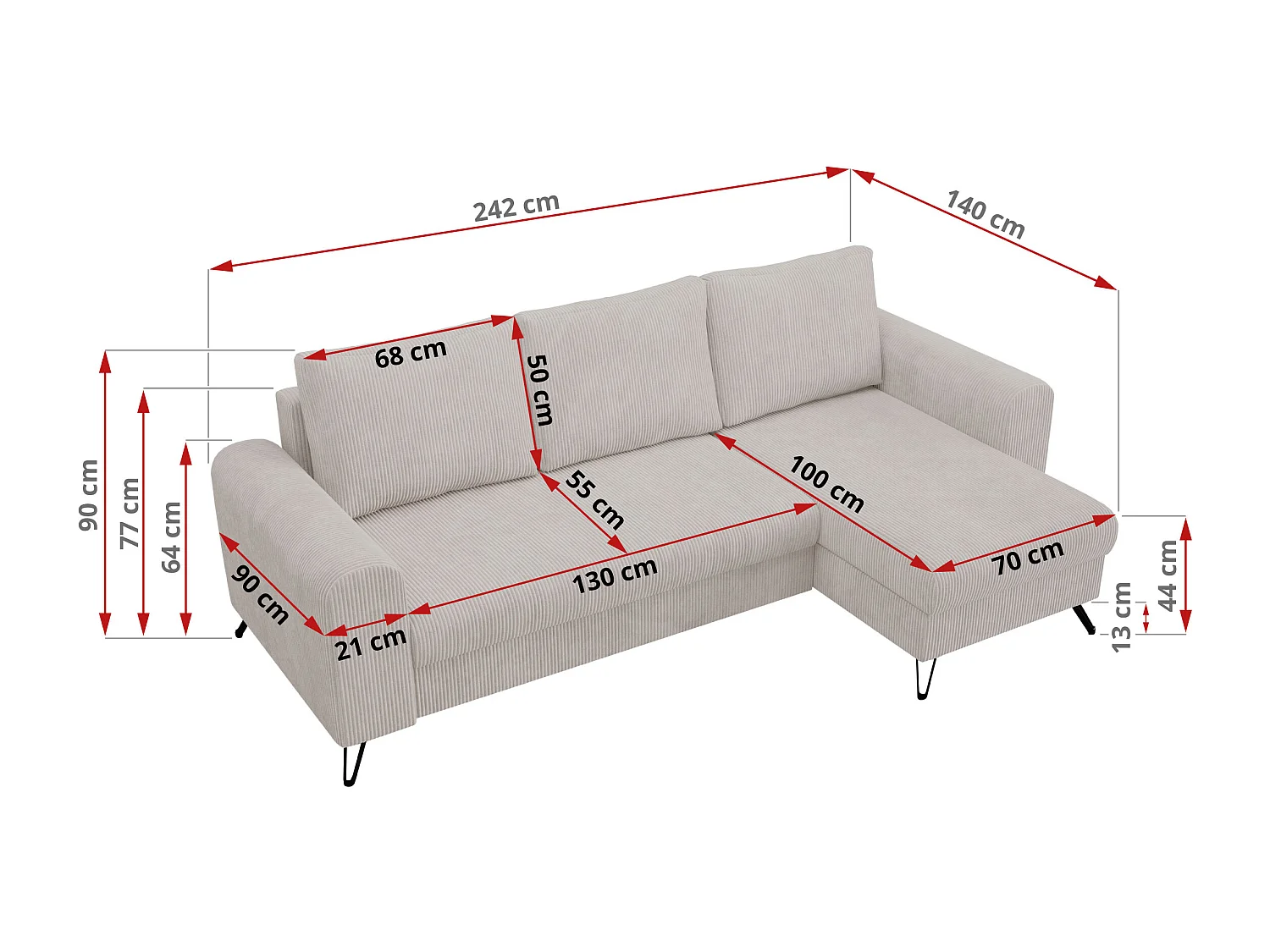 Ecksofa HUGO - L-Form mit Schlaffunktion, lose Kissen - Weiß Cord