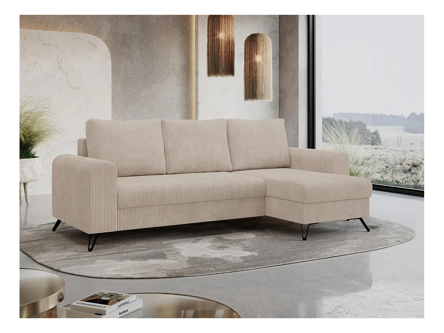 Ecksofa HUGO - L-Form mit Schlaffunktion, lose Kissen - Beige Cord