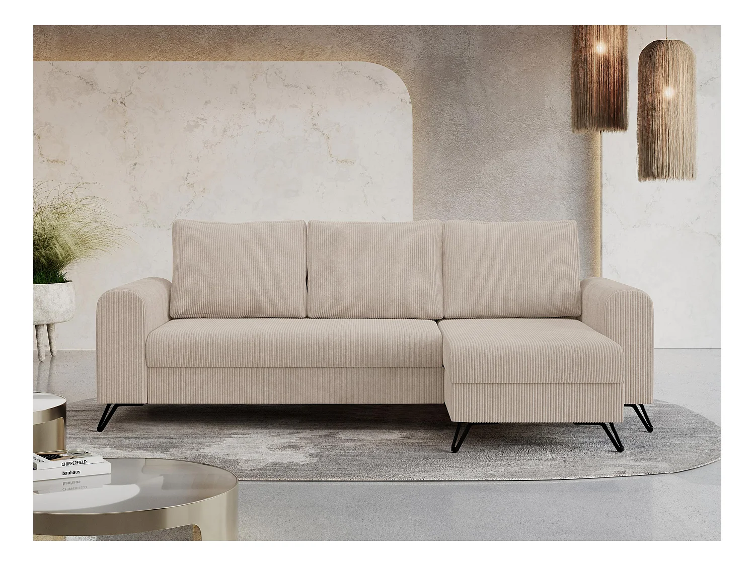 Ecksofa HUGO - L-Form mit Schlaffunktion, lose Kissen - Beige Cord