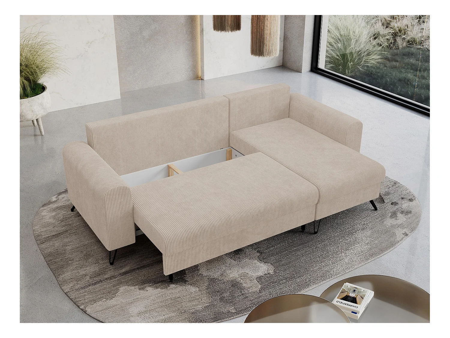Ecksofa HUGO - L-Form mit Schlaffunktion, lose Kissen - Beige Cord