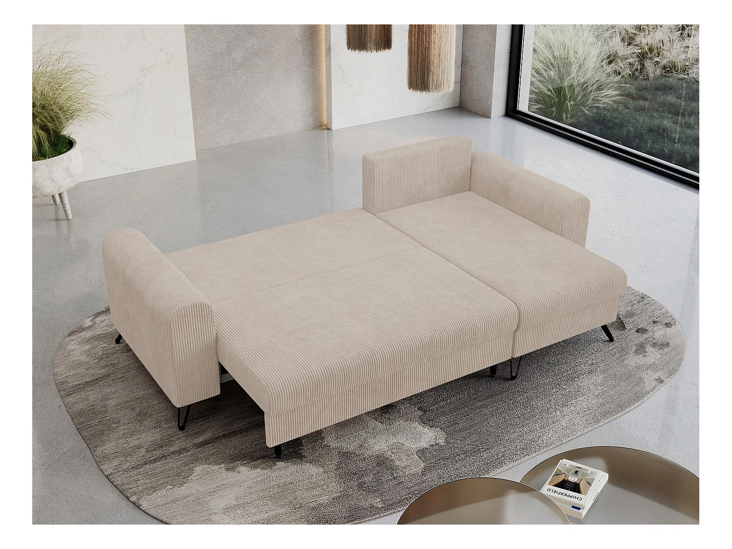 Ecksofa HUGO - L-Form mit Schlaffunktion, lose Kissen - Beige Cord