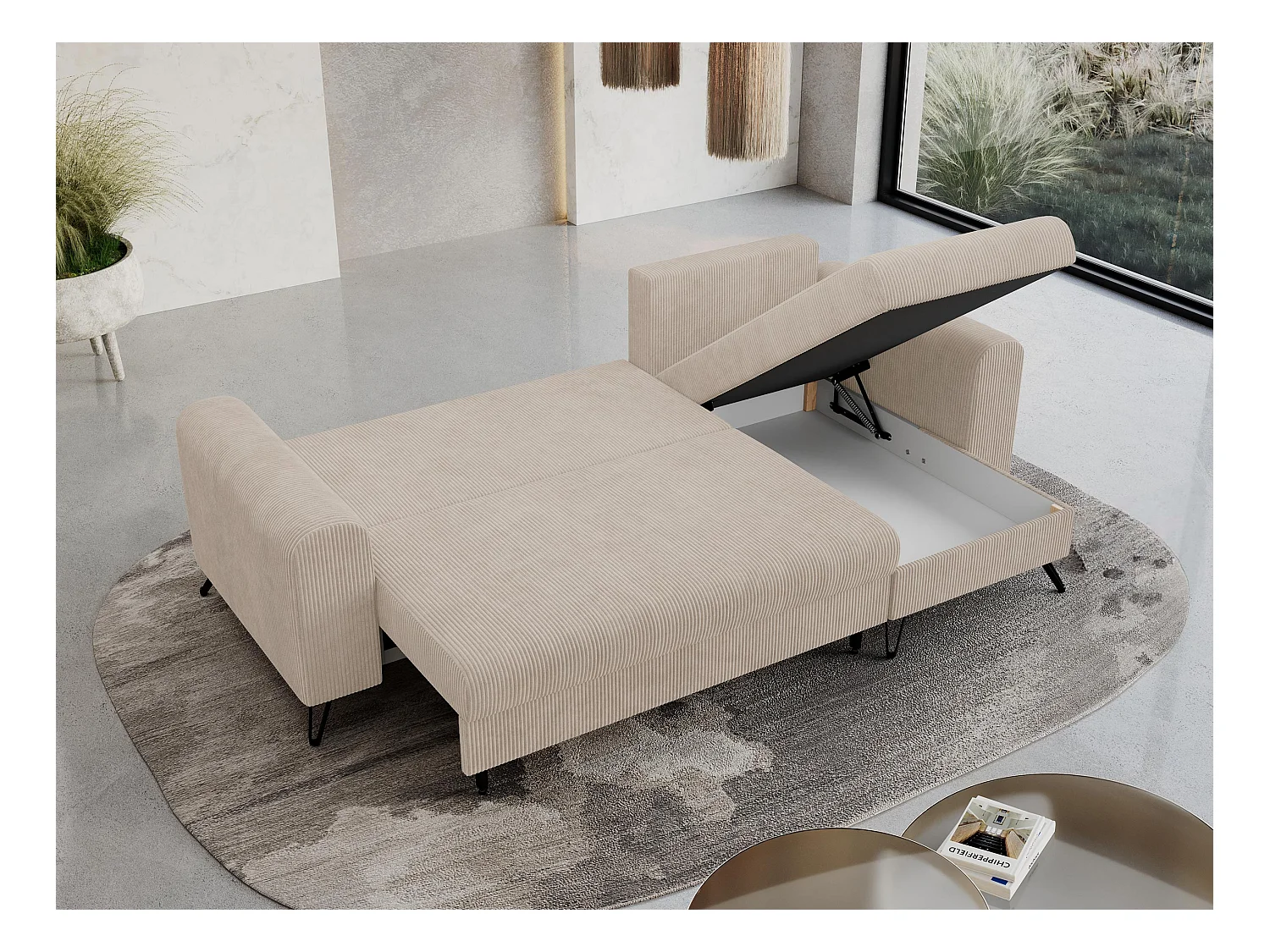 Ecksofa HUGO - L-Form mit Schlaffunktion, lose Kissen - Beige Cord