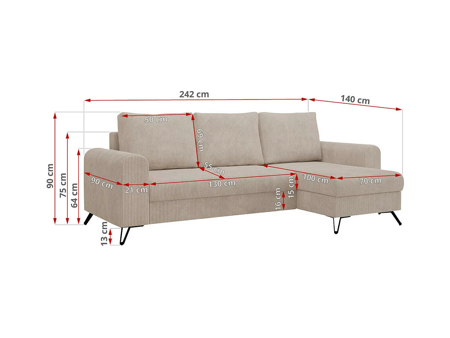 Ecksofa HUGO - L-Form mit Schlaffunktion, lose Kissen - Beige Cord