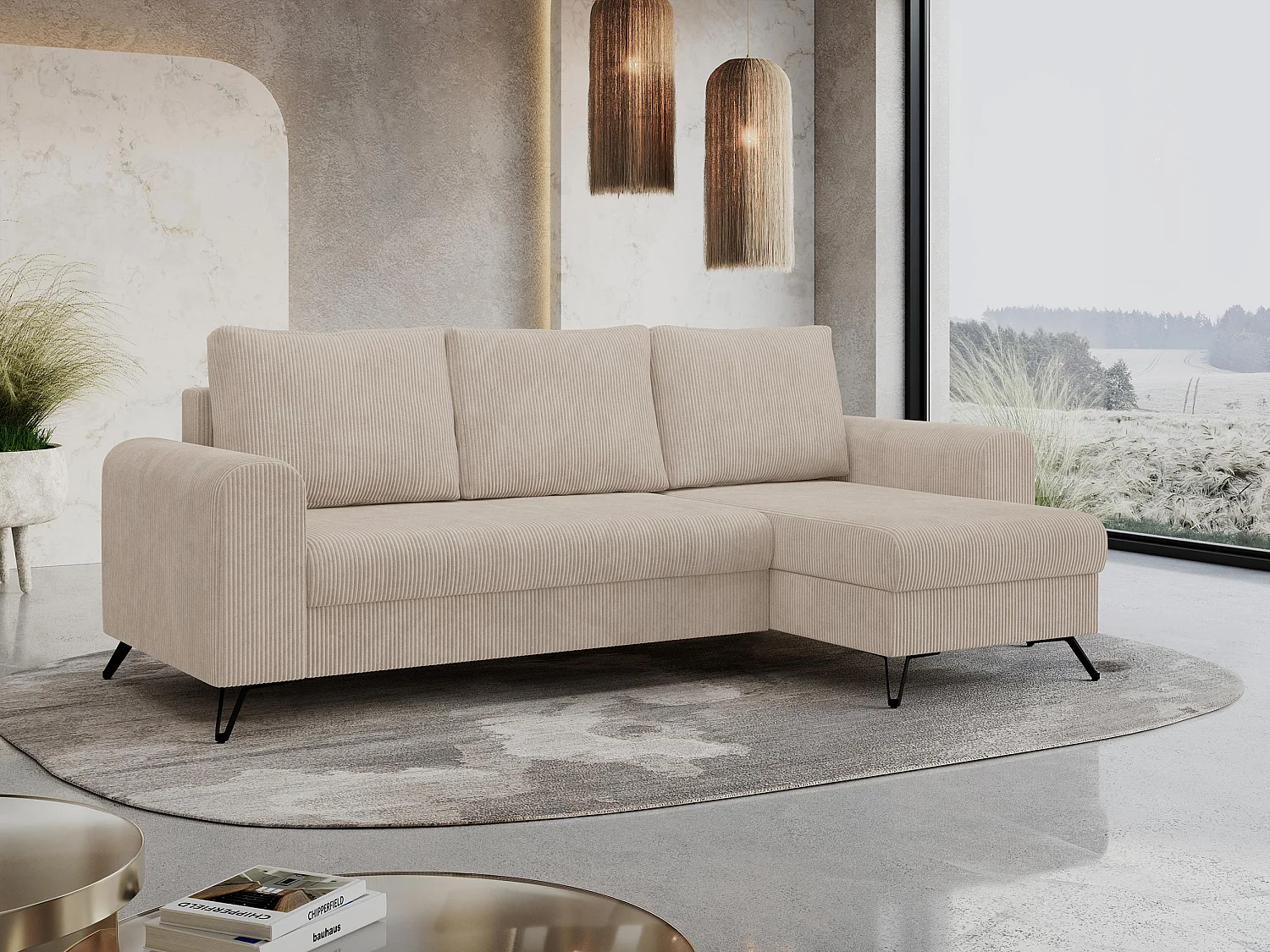 Ecksofa HUGO - L-Form mit Schlaffunktion, lose Kissen - Beige Cord