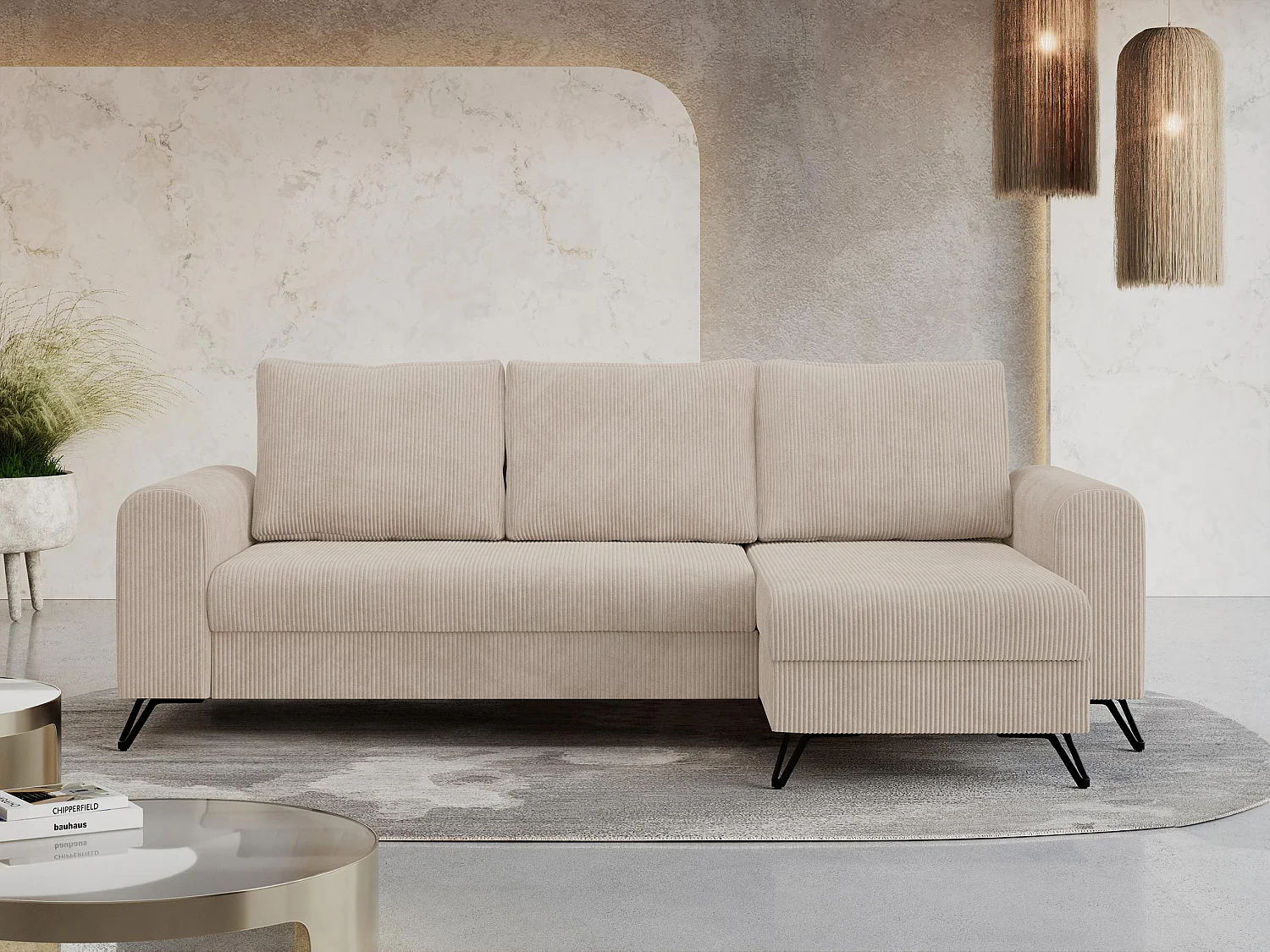 Ecksofa HUGO - L-Form mit Schlaffunktion, lose Kissen - Beige Cord