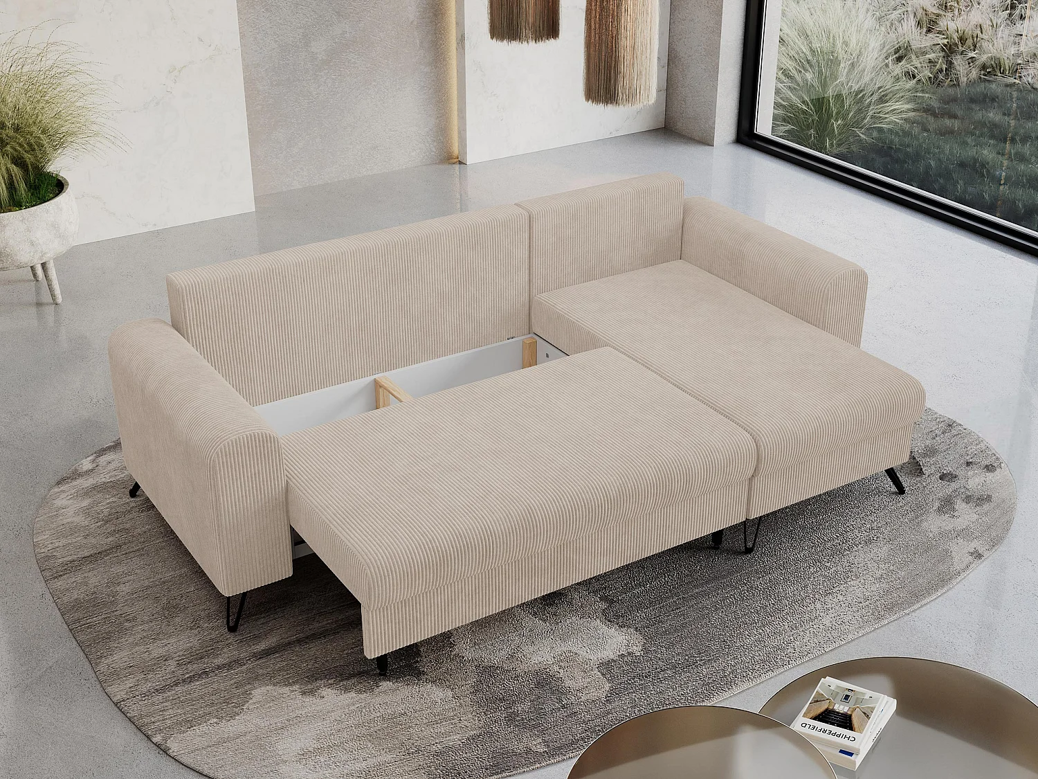 Ecksofa HUGO - L-Form mit Schlaffunktion, lose Kissen - Beige Cord