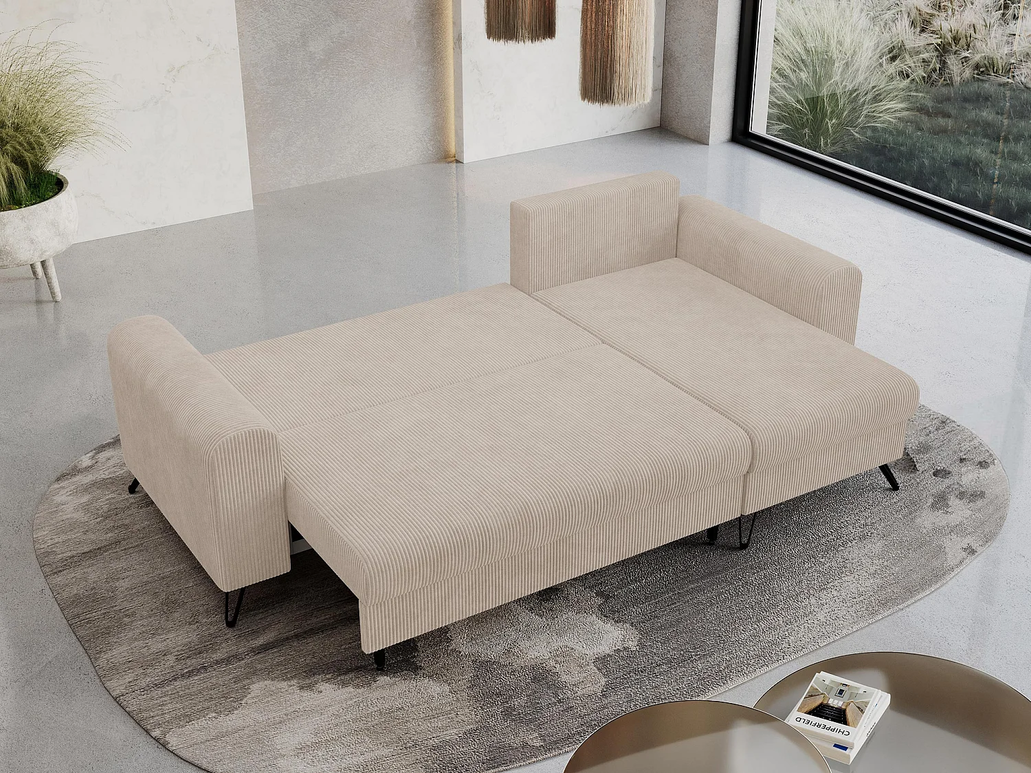 Ecksofa HUGO - L-Form mit Schlaffunktion, lose Kissen - Beige Cord