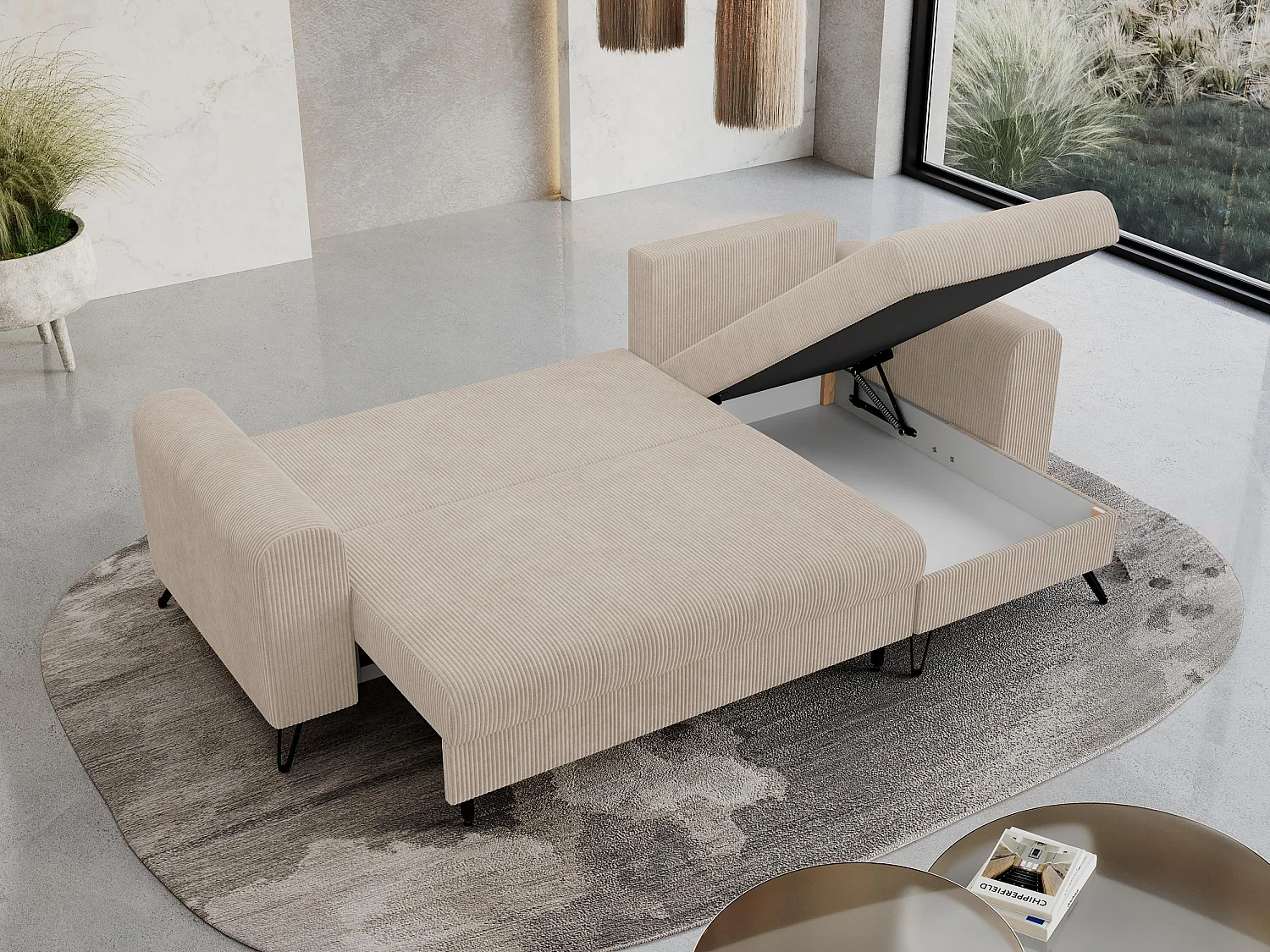 Ecksofa HUGO - L-Form mit Schlaffunktion, lose Kissen - Beige Cord