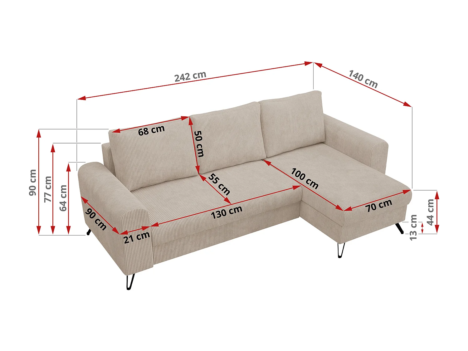 Ecksofa HUGO - L-Form mit Schlaffunktion, lose Kissen - Beige Cord