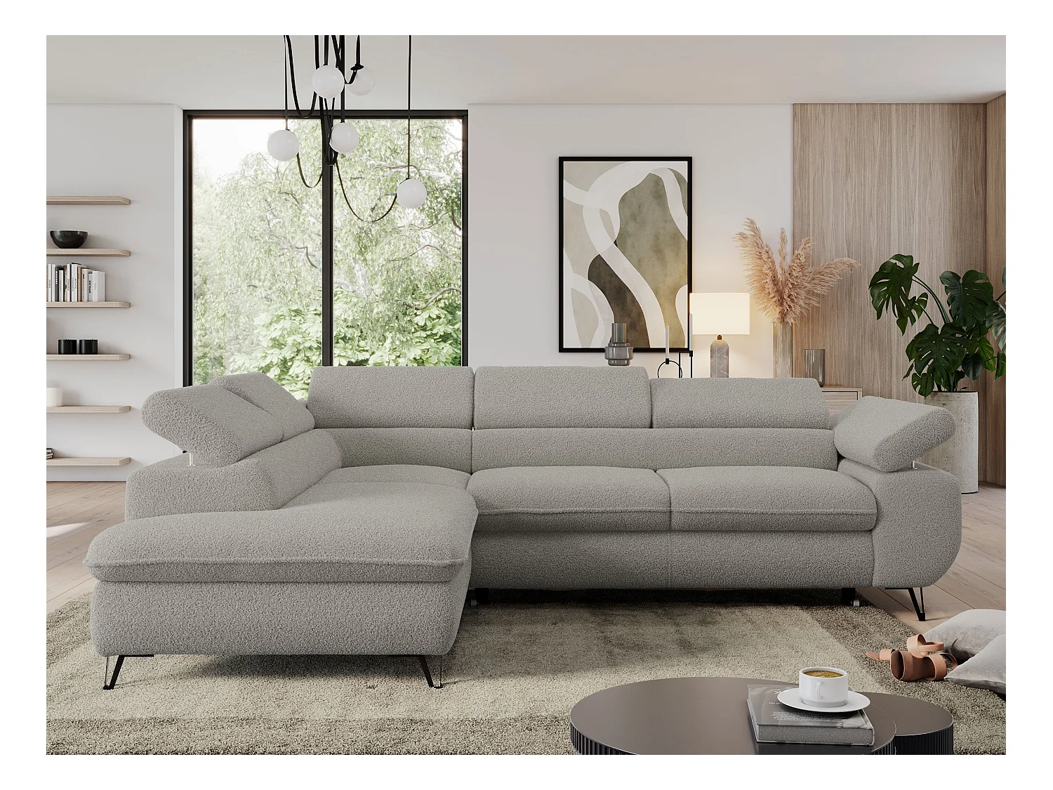 Ecksofa PEDRO - L-Form mit Schlaffunktion 200x125 cm, verstellbaren Kopfstützen - Hellgrau Boucle - Ecke Links