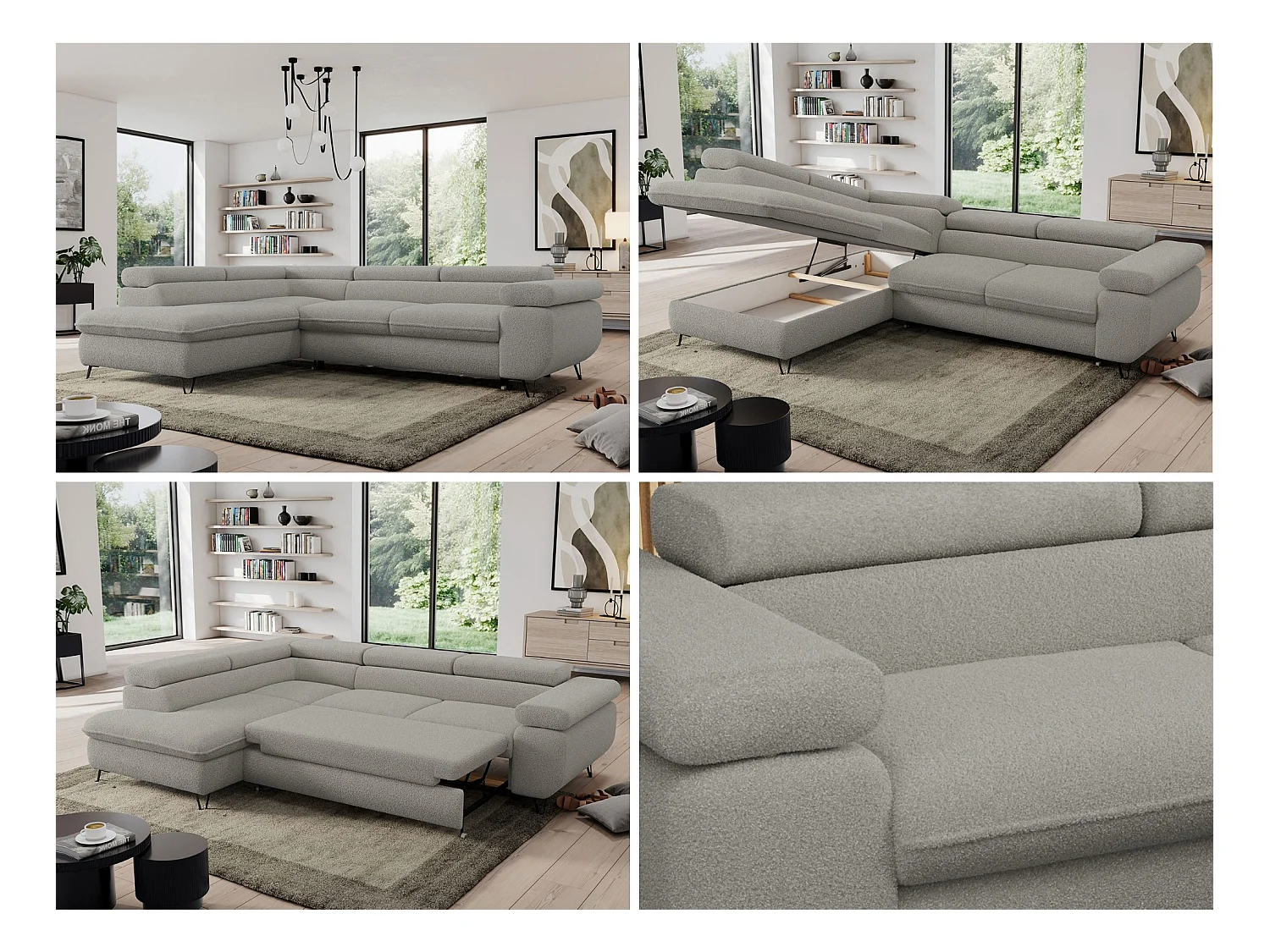 Ecksofa PEDRO - L-Form mit Schlaffunktion 200x125 cm, verstellbaren Kopfstützen - Hellgrau Boucle - Ecke Links