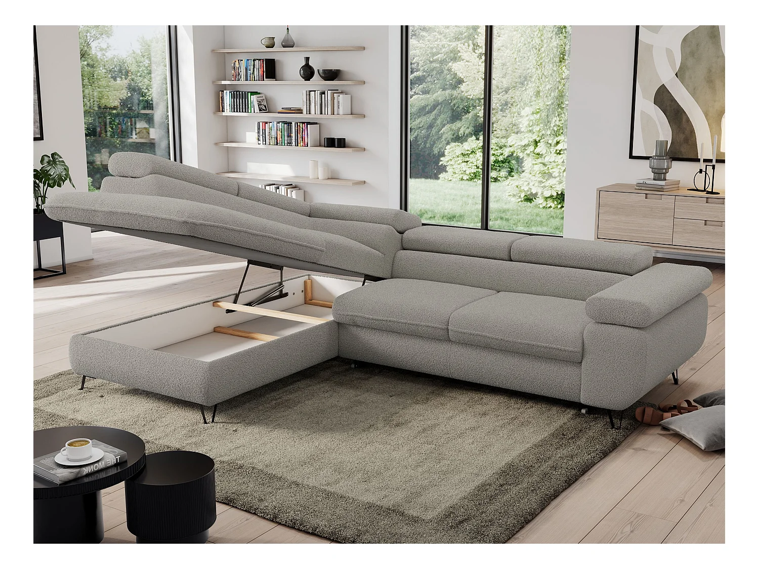 Ecksofa PEDRO - L-Form mit Schlaffunktion 200x125 cm, verstellbaren Kopfstützen - Hellgrau Boucle - Ecke Links