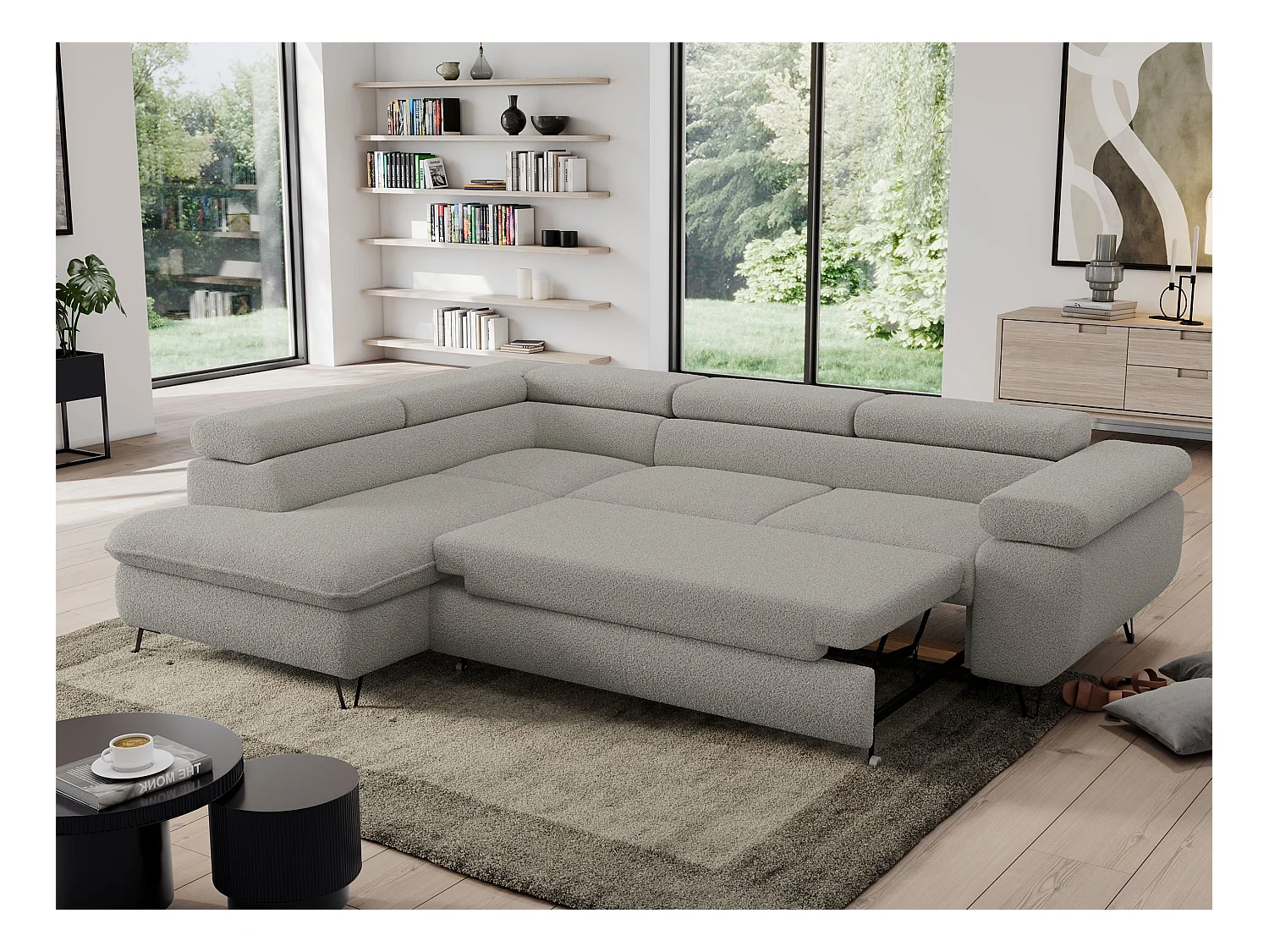 Ecksofa PEDRO - L-Form mit Schlaffunktion 200x125 cm, verstellbaren Kopfstützen - Hellgrau Boucle - Ecke Links