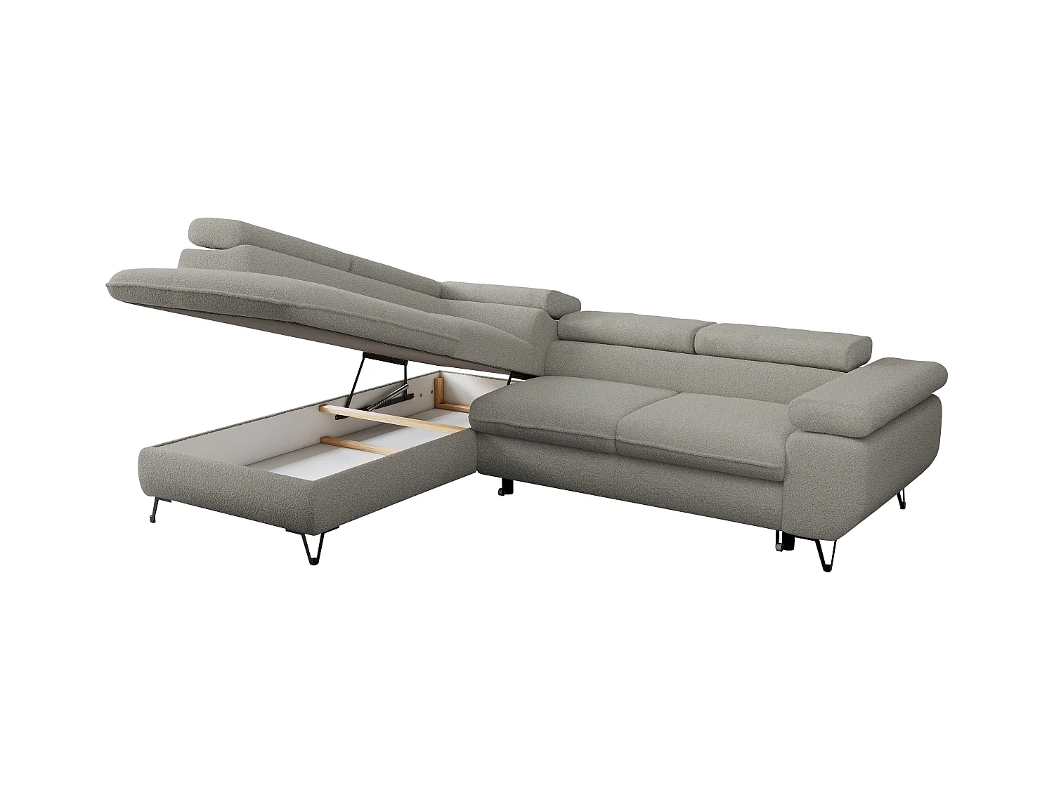 Ecksofa PEDRO - L-Form mit Schlaffunktion 200x125 cm, verstellbaren Kopfstützen - Hellgrau Boucle - Ecke Links