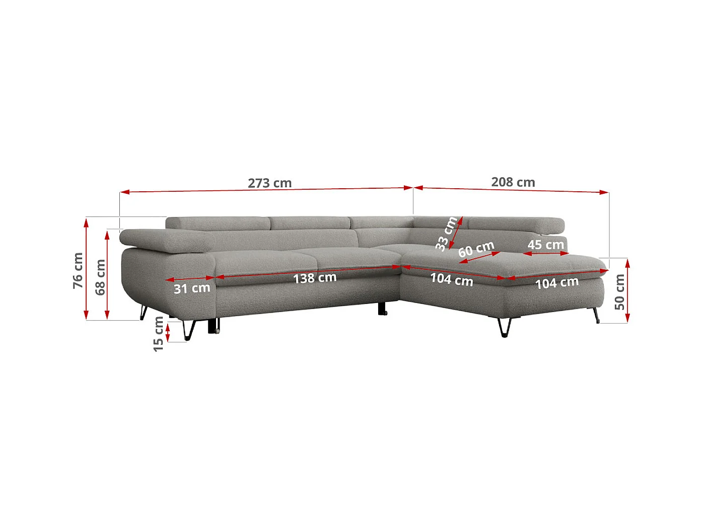 Ecksofa PEDRO - L-Form mit Schlaffunktion 200x125 cm, verstellbaren Kopfstützen - Hellgrau Boucle - Ecke Links