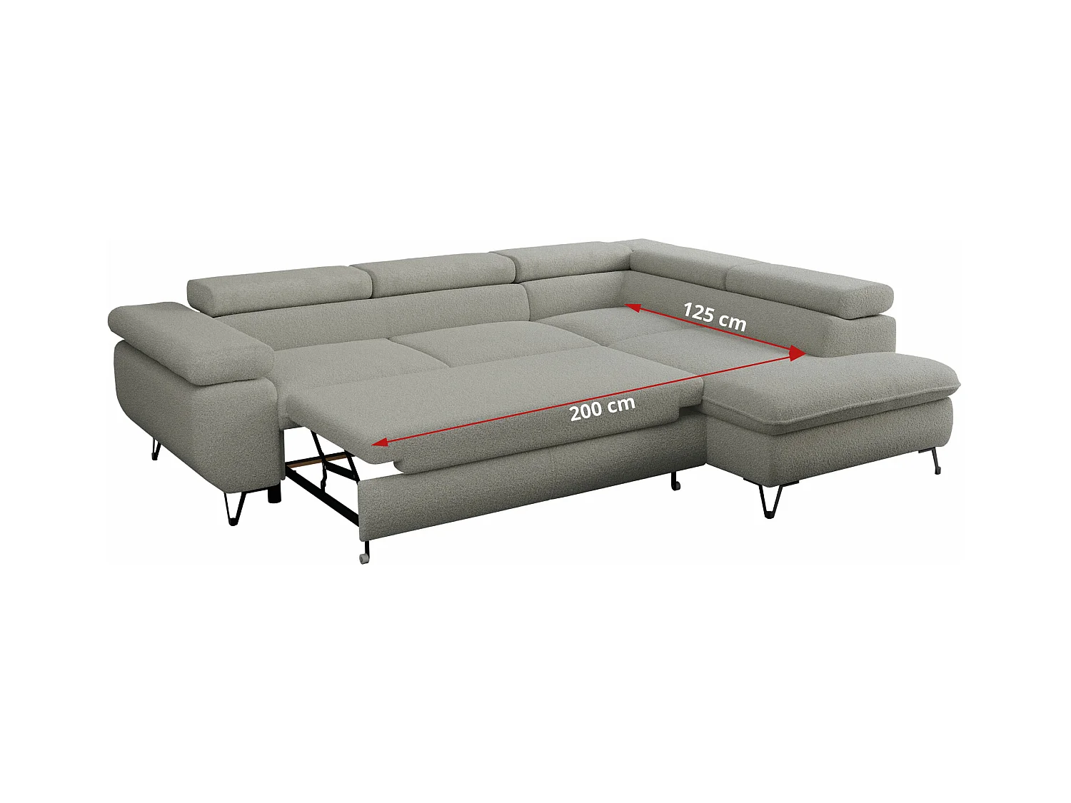 Ecksofa PEDRO - L-Form mit Schlaffunktion 200x125 cm, verstellbaren Kopfstützen - Hellgrau Boucle - Ecke Links