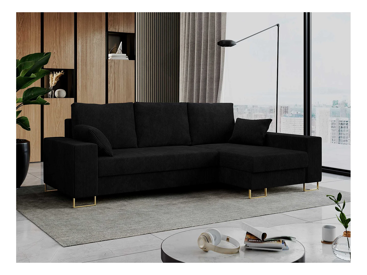 Ecksofa DORIAN - schlaffunktion und Bettkasten, lose Kissen - Schwarz Cord