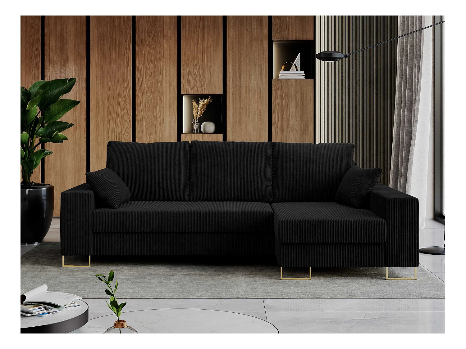 Ecksofa DORIAN - schlaffunktion und Bettkasten, lose Kissen - Schwarz Cord