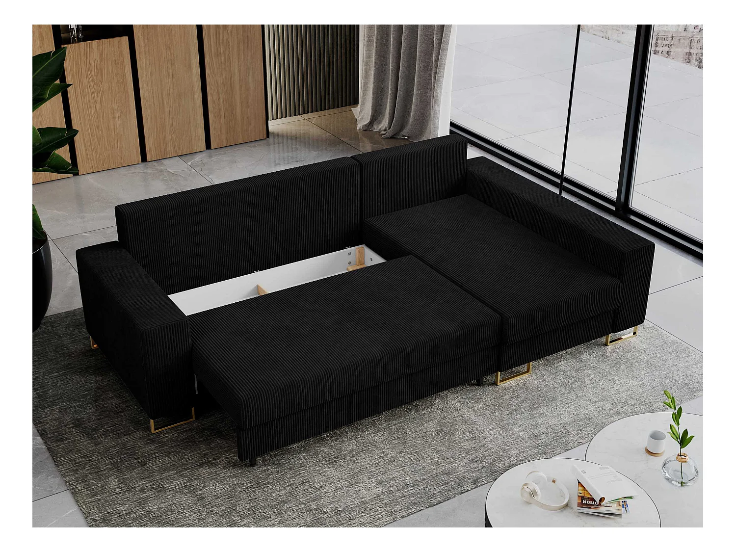 Ecksofa DORIAN - schlaffunktion und Bettkasten, lose Kissen - Schwarz Cord