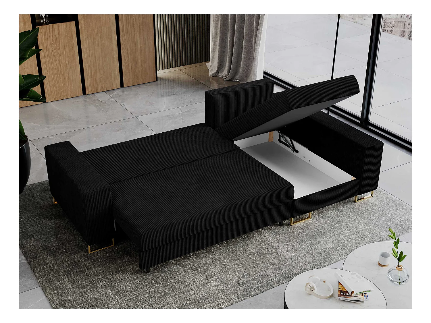 Ecksofa DORIAN - schlaffunktion und Bettkasten, lose Kissen - Schwarz Cord