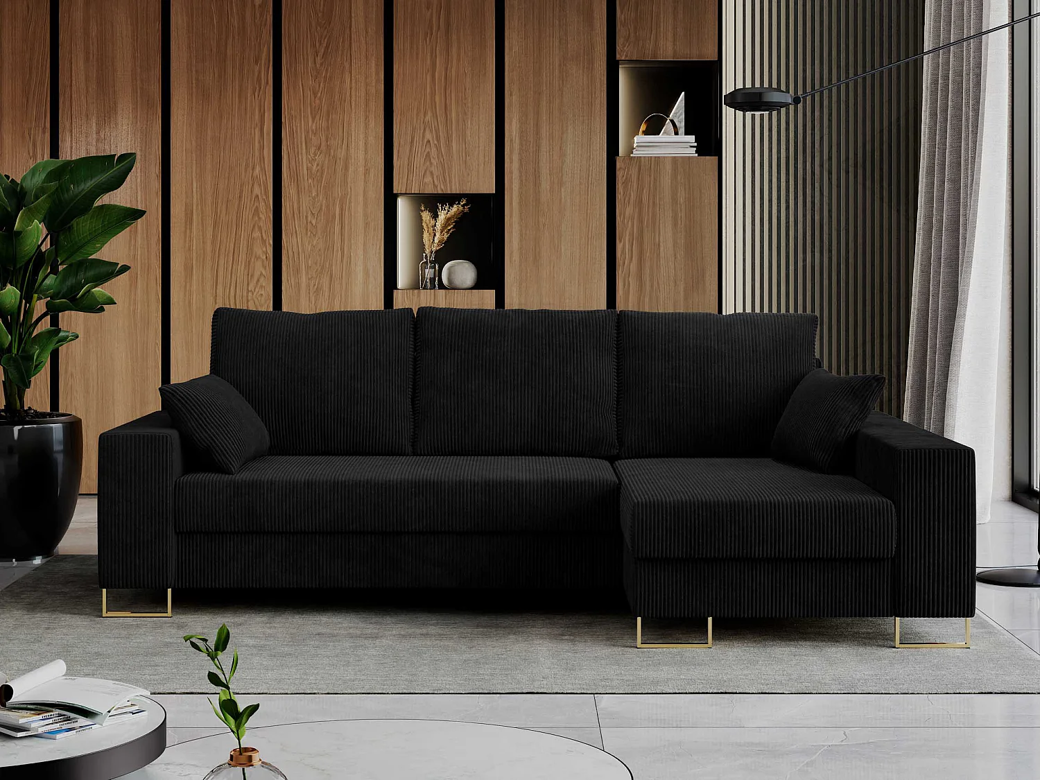 Ecksofa DORIAN - schlaffunktion und Bettkasten, lose Kissen - Schwarz Cord