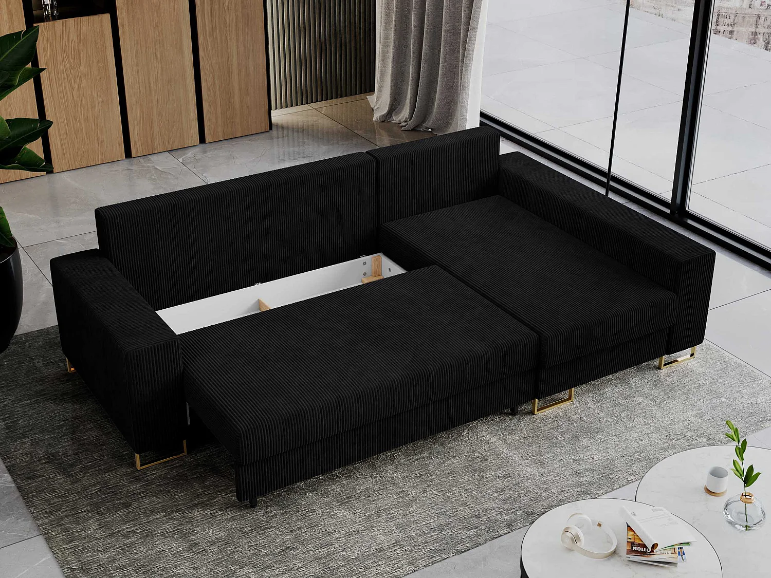 Ecksofa DORIAN - schlaffunktion und Bettkasten, lose Kissen - Schwarz Cord