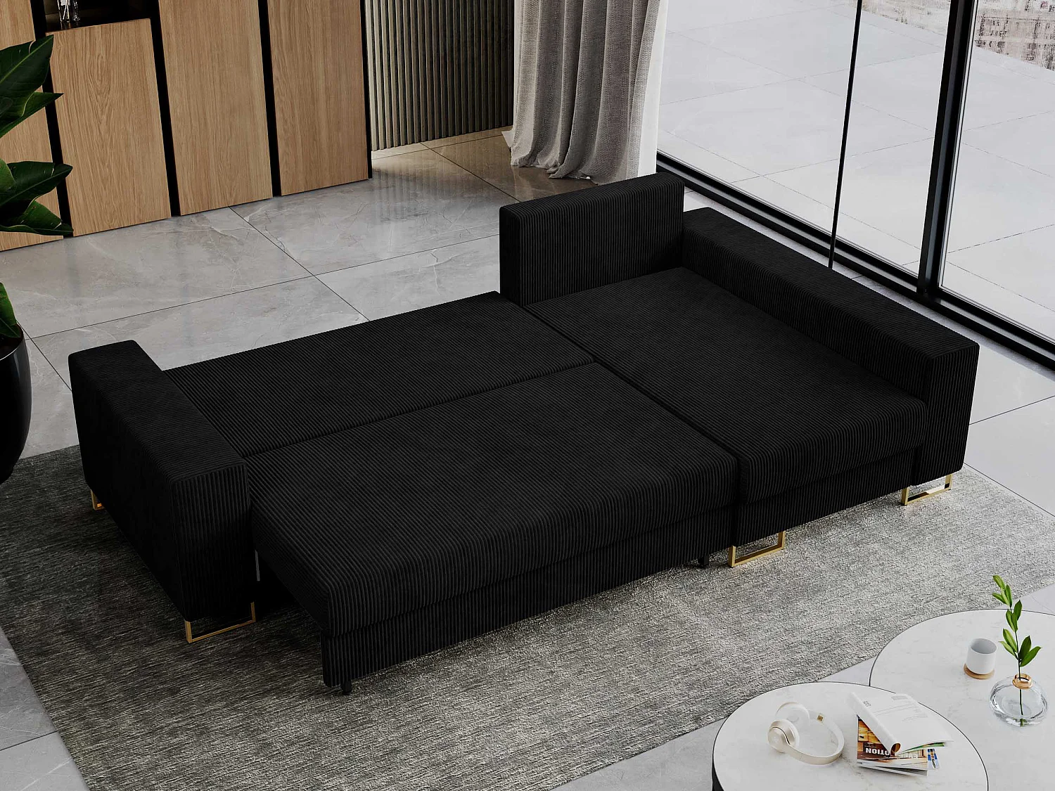 Ecksofa DORIAN - schlaffunktion und Bettkasten, lose Kissen - Schwarz Cord