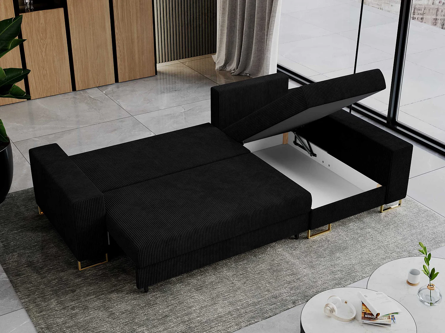 Ecksofa DORIAN - schlaffunktion und Bettkasten, lose Kissen - Schwarz Cord