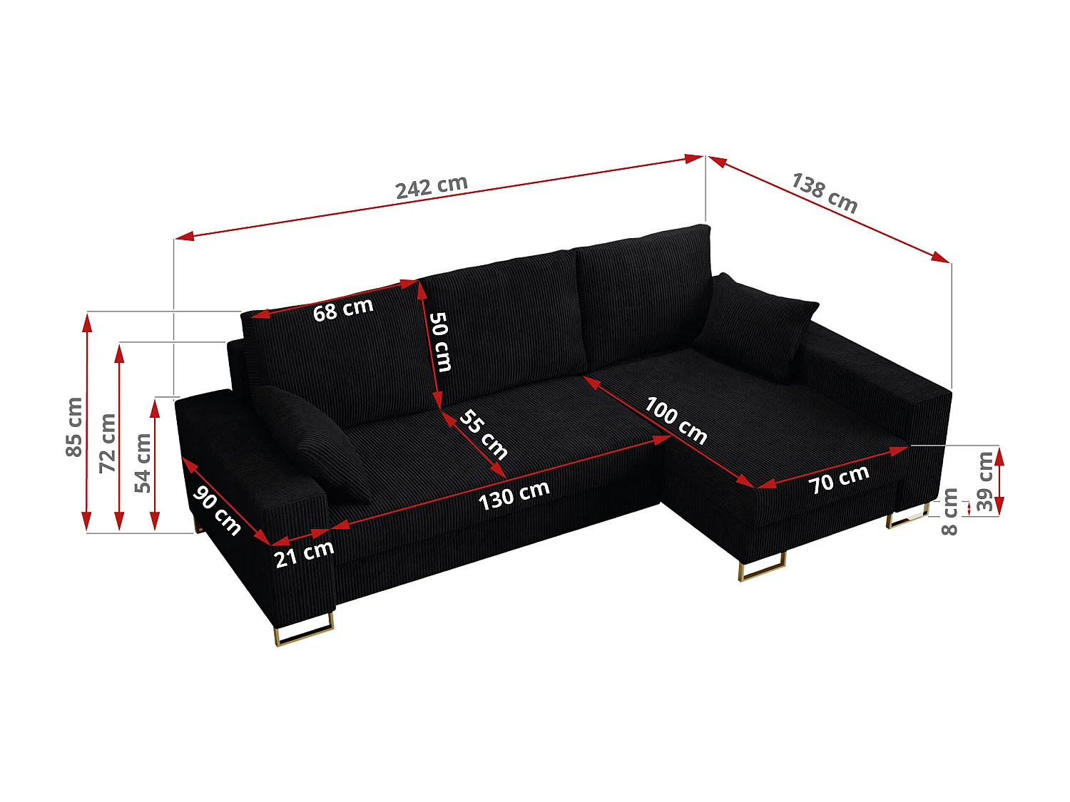 Ecksofa DORIAN - schlaffunktion und Bettkasten, lose Kissen - Schwarz Cord