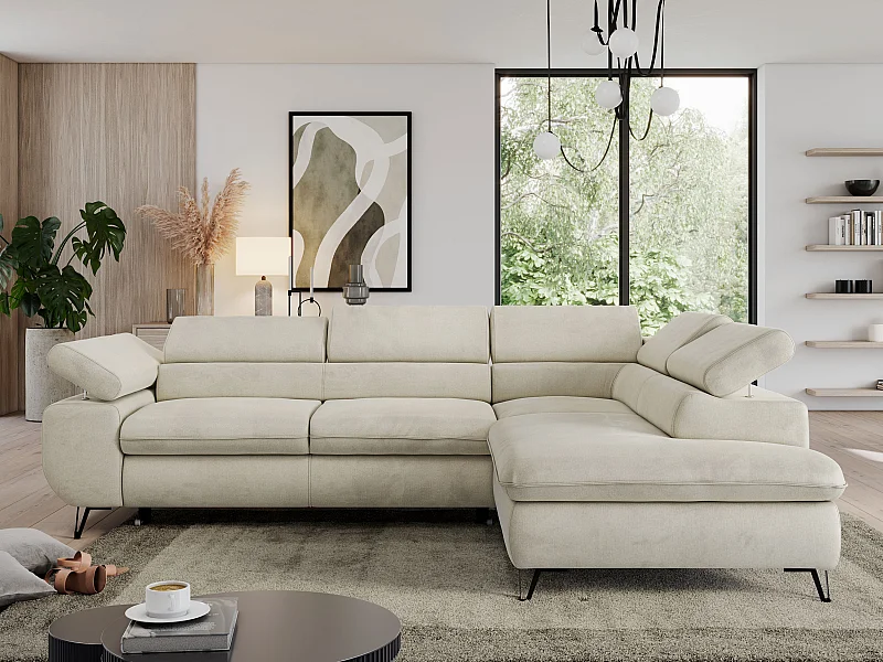 Ecksofa PEDRO - L-Form mit Schlaffunktion 200x125 cm, verstellbaren Kopfstützen - Beige Velvet - Ecke Rechts